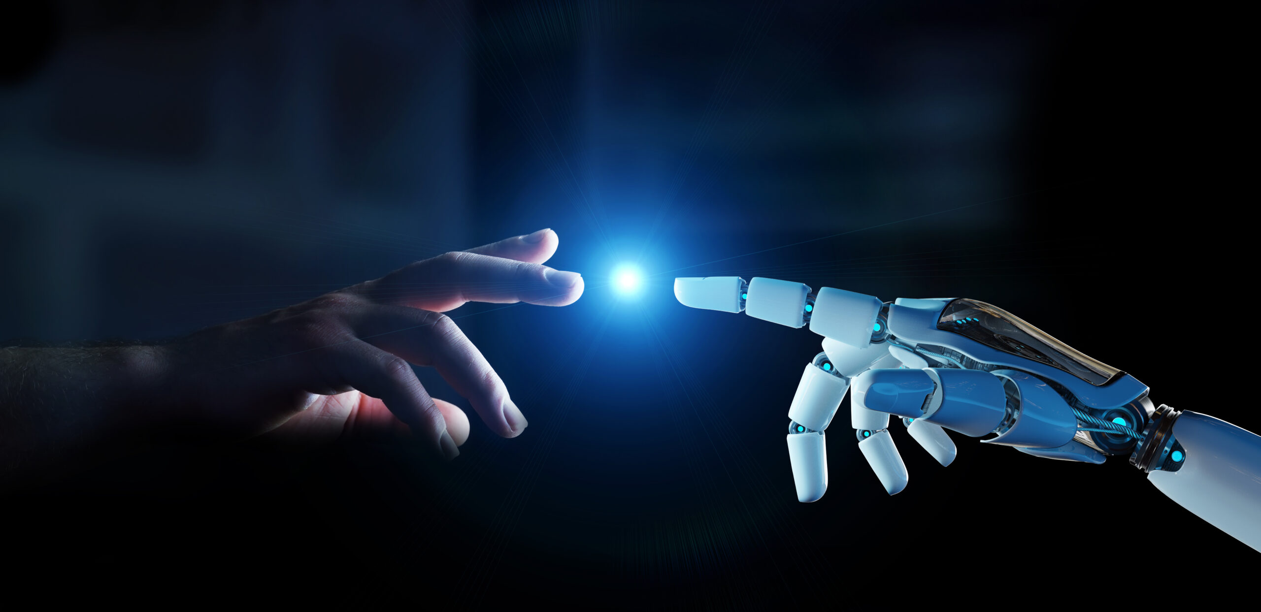 White cyborg finger about to touch human finger 3D rendering