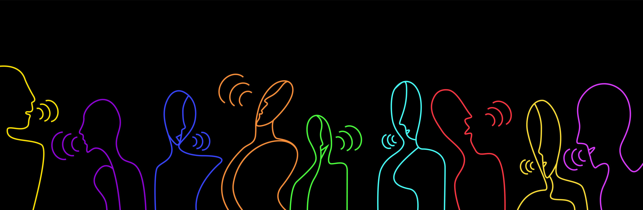 people talks concept, crowd of vivid colored people on the black background creative contemporary idea,