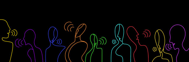 people talks concept, crowd of vivid colored people on the black background creative contemporary idea,